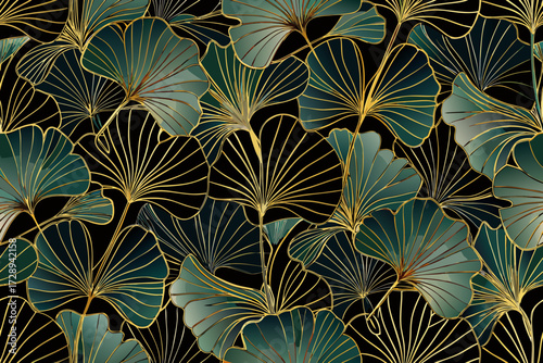 Elegant ginkgo leaf pattern with gold outline on black background