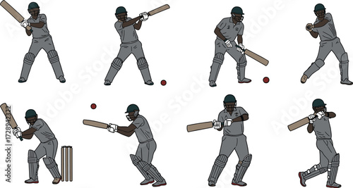 Cricket player batting poses, batsman silhouette action, hitting cricket ball, sports illustration, professional athlete, cricket stumps, dynamic game movement, training design