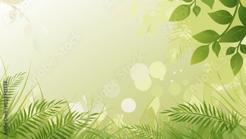 Soft green nature background with lush foliage and bokeh lights