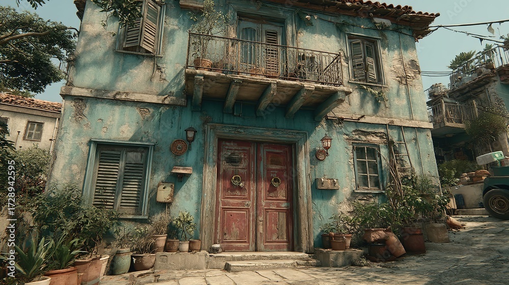 Fototapeta premium Weathered Blue House with Red Door