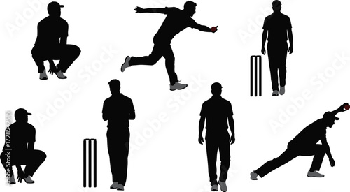 Cricket player silhouettes with red ball, batting, bowling, fielding, catching, sports action poses, athletic training, competitive game, fitness, dynamic illustration