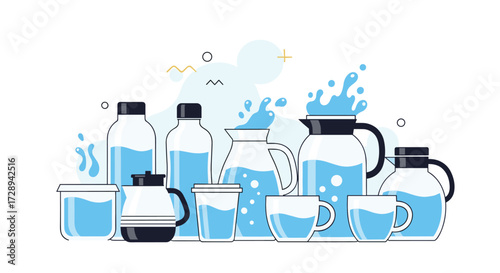 A collection of clear glass pitchers jugs and cups filled with refreshing blue water and splashes.