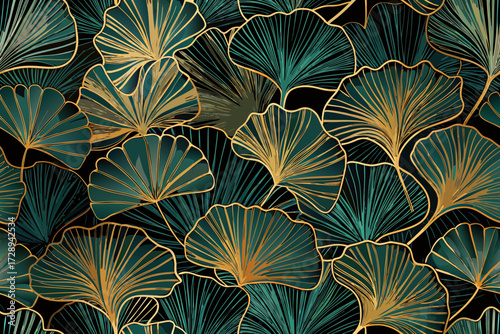 Elegant teal and gold ginkgo leaf pattern on black background