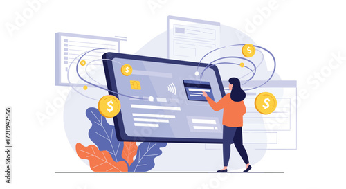 Secure online payment transactions through a digital tablet with floating coins symbolizing financial transactions.