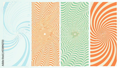Four abstract optical illusion patterns in pastel colors