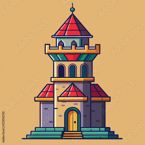 Intricate medieval tower illustration with detailed architecture and historic charm