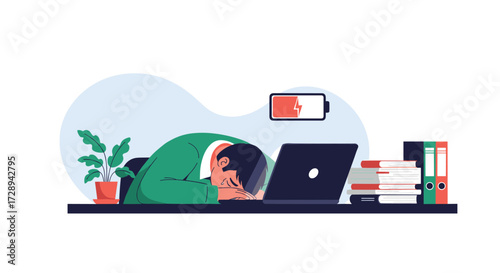 Illustrating the exhaustion and burnout experienced by a professional working late at their desk.