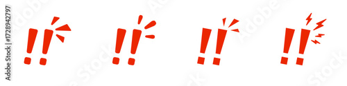 Dynamic red exclamation marks with various expressions on white background.