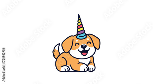 A cheerful puppy wearing a colorful unicorn horn sits happily looking forward on a white background.