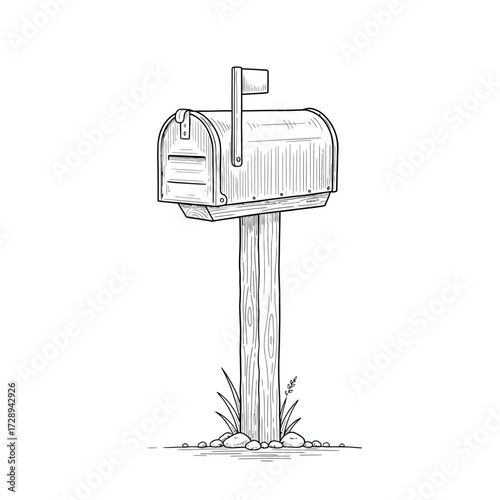 Classic American Mailbox Hand-Drawn Sketch Illustration Symbolizing Postal Communication and Home Delivery Services in a Retro Style