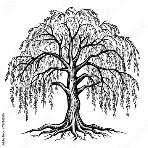 Vintage Engraving of Weeping Willow Tree with Roots