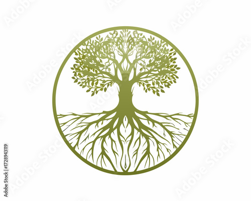 Green tree of life with intricate roots inside a circle