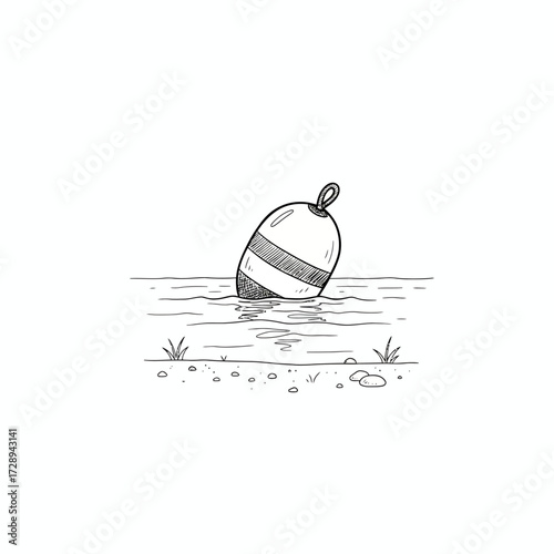 Minimalist black and white line art illustration of a striped navigational buoy gently floating on calm water, capturing the essence of maritime navigation and coastal tranquility