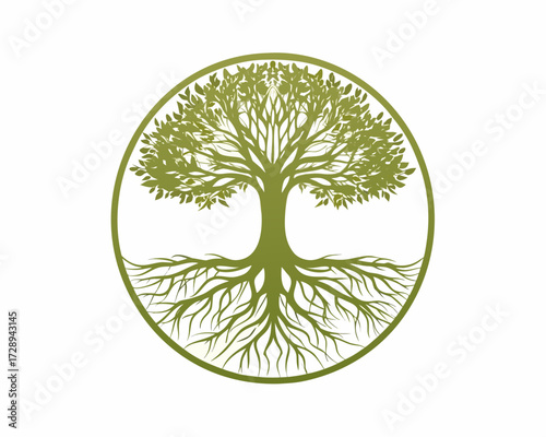 Green tree of life with visible roots inside a circle emblem