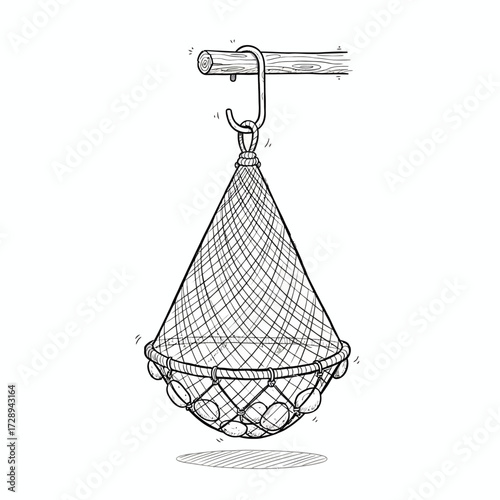 Hand-drawn sketch of a rustic net bag, suspended from a wooden rod, containing spherical items, illustrating a traditional and simple storage solution