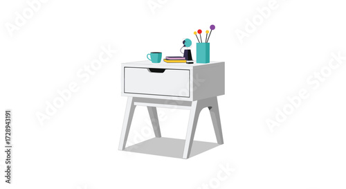A clean minimalist white bedside table with a drawer and decorative items on top.
