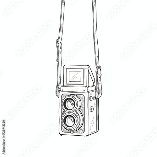 A detailed hand-drawn illustration of a vintage twin-lens reflex camera, classic photographic equipment suspended by its strap, evoking an analog photography aesthetic