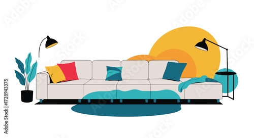 Cozy living room interior design with a comfortable sectional sofa and modern decor elements.