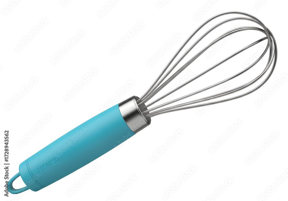 Fototapeta premium Turquoise handled whisk for baking and cooking kitchen utensil isolated object isolated on transparent background