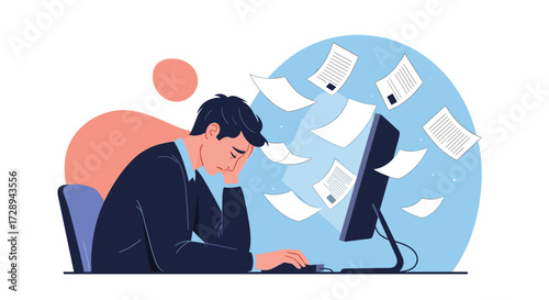 Overwhelmed businessman struggling with a mountain of paperwork and digital tasks at his desk.