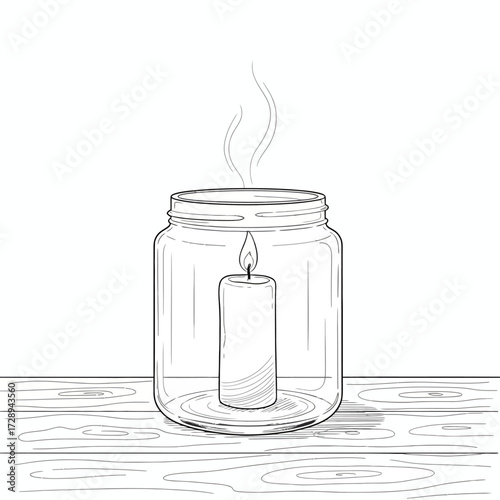 Illustration Candle flame extinguishes under glass jar, demonstrating oxygen's vital role in combustion and effects of its depletion on wood