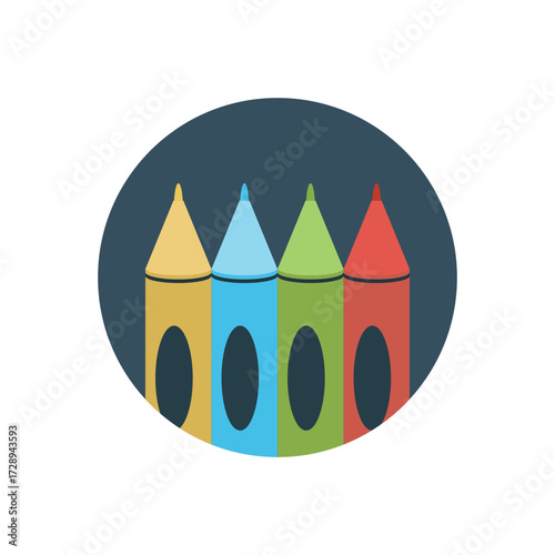 A flat vector icon of four colorful crayons in yellow, blue, green, and red. The crayons are arranged side-by-side within a dark blue circular frame, representing creativity, education, and art for ch