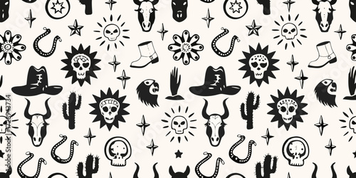 Whimsical western pattern featuring skulls cowboys hats cacti horseshoes and bulls
