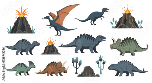 A vibrant collection of prehistoric creatures and erupting volcanoes on a white background.