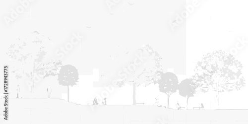 Minimalist monochrome illustration of a park scene with people enjoying nature and trees
