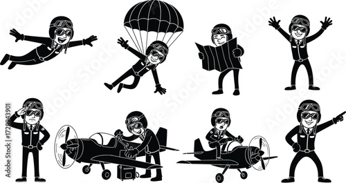 Funny cartoon pilot character, parachute, airplane, cockpit, skydiving, saluting, map reading, pointing, aviation humor, whimsical flight illustration, aviation poses
