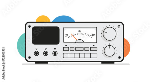 An illustration of a compact audio interface with a VU meter and controls.