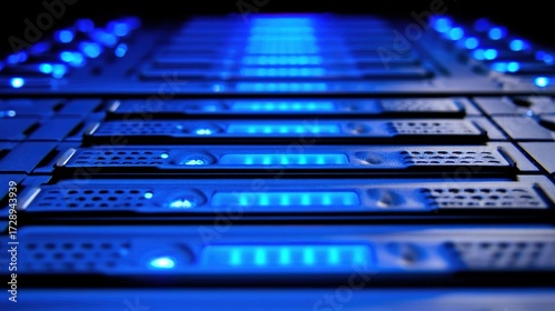 cables. Close-up view of illuminated server components in a data center with cool blue lighting. product launch decks, UI/UX mockups, designed for data visualization dashboards and holographic UIs.