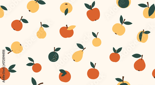 A charming autumnal pattern featuring various apples and pears in warm colors.