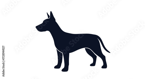 A silhouette of a lean dog with erect ears and a pointed snout stands alertly.