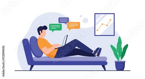 Man working on a laptop while relaxing on a couch with chat bubbles and a plant.