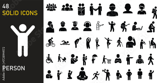 48 Solid Person Icons Collection – Human Figures, Activities, and Lifestyle Symbol Set