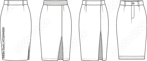 Pencil skirt CAD technical flat illustration, front and back views, fashion vector drawing, office skirt design, garment mockup