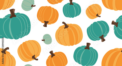 A colorful festive pattern of various sized pumpkins in shades of orange and teal covering the white background.