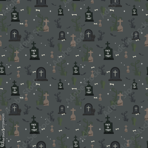 Seamless Halloween pattern featuring grave concept on dark background.