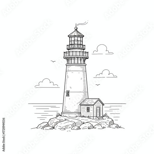 Crisp line art illustration of a classic lighthouse on a rocky island, an unwavering beacon of guidance and safety for maritime navigation across the ocean