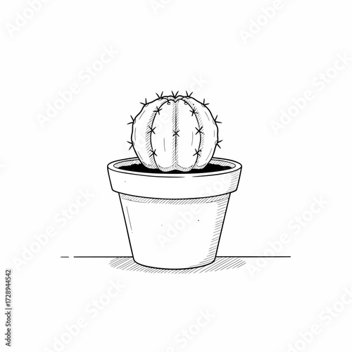 Minimalist Hand-Drawn Black and White Illustration of a Small Potted Cactus Plant, Capturing Its Desert Charm and Spiky Texture in a Simple Artistic Style, Perfect for Botanical or Decor Themes