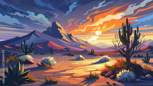 A gouache painting of a desert at dusk reveals mystery, with bush on fire in impressionist style, glowing under painterly brushstrokes, radiating warmth, surrounded by colorful pastel tones.