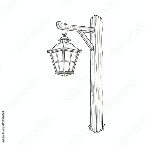 Hand-drawn illustration of a rustic vintage street lamp or garden lantern hanging from a weathered wooden post, embodying an antique charm and classic outdoor lighting design