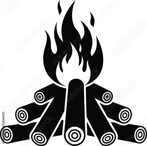 A black and white silhouette icon of a burning campfire with logs stacked in a teepee formation.
