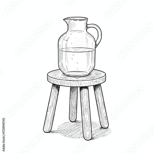 Hand-drawn sketch illustration of a transparent glass pitcher holding water, positioned on a small wooden stool, offering a clean, classic, and elegant monochrome visual