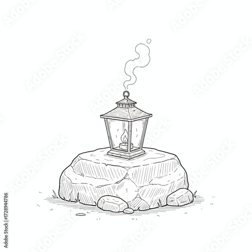 Detailed sketch of a vintage-style lantern, softly lit with a flickering flame and wisps of smoke, perched on a rustic rock, evoking a serene, old-world outdoor ambiance