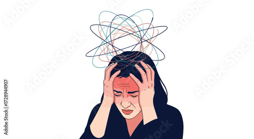 A distressed person clutches their head as chaotic lines swirl above them representing mental turmoil.