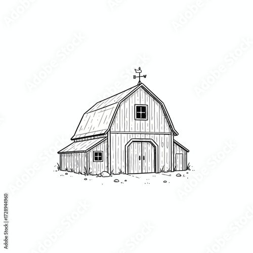 Rustic wooden barn with classic weathervane, hand-drawn illustration style, representing traditional farm life and rural architecture, perfect for agrarian themes