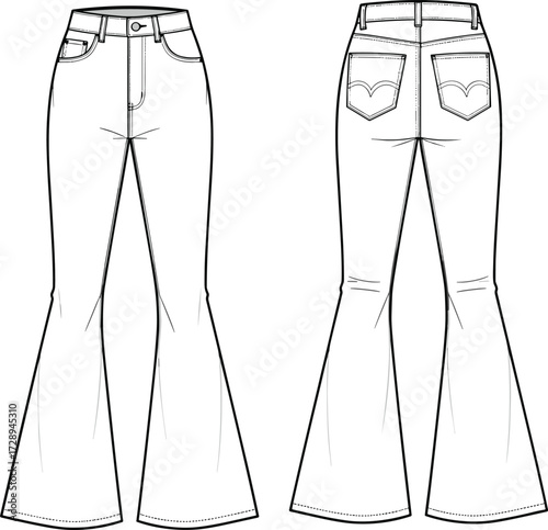 Flared jeans flat sketch front and back view, classic five pocket style, fashion technical CAD, denim vector pants drawing illustration