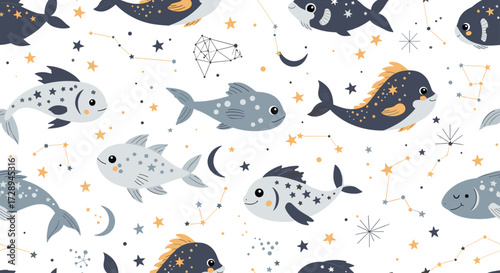 Charming seamless pattern featuring adorable celestial fish swimming amongst stars and moons.